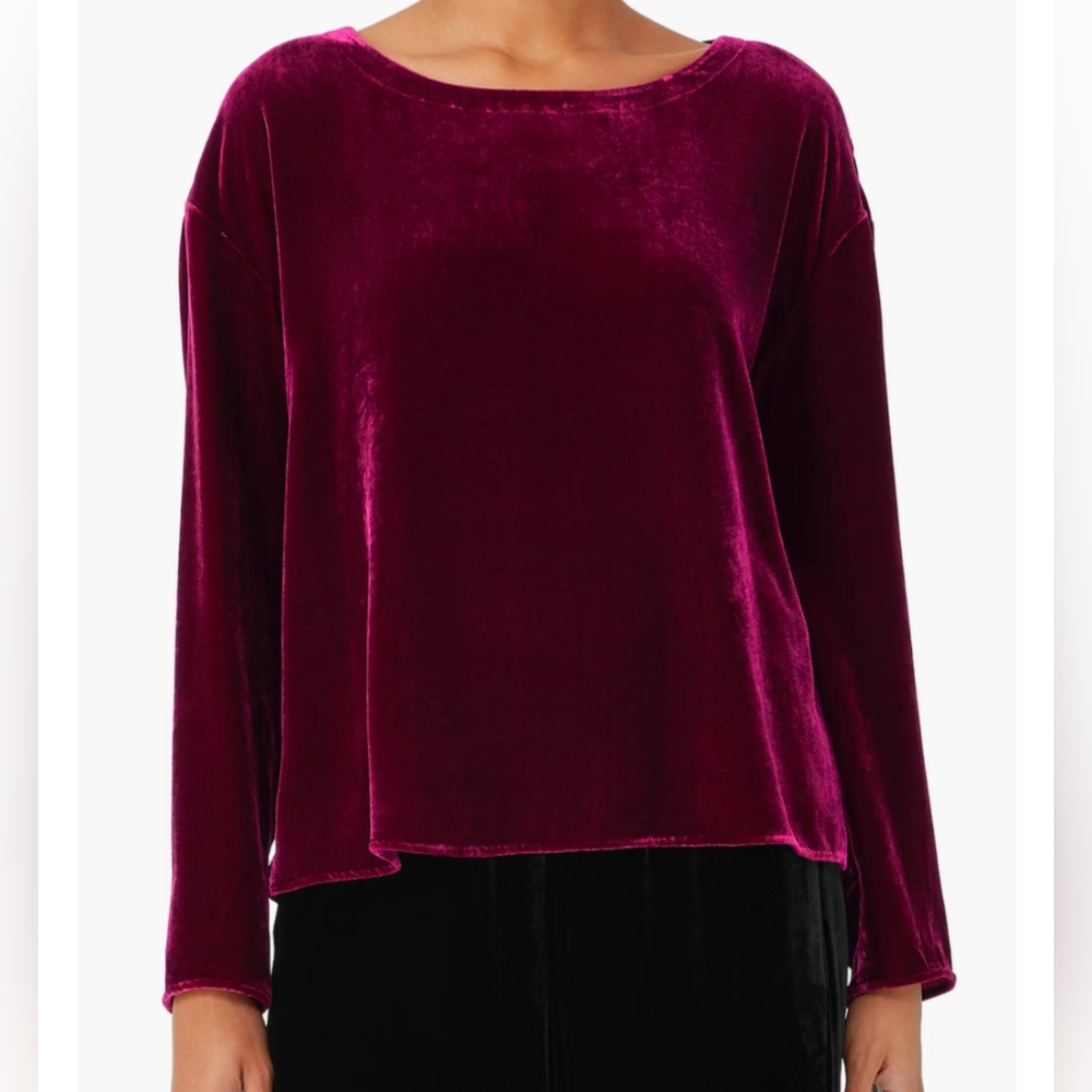 EILEEN FISHER Ballet Neck Velvet 3/4 Sleeve Top in Burgundy Size M - Picture 2 of 7